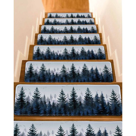 Stair Treads for Wooden Steps,Forest Peel and Stick Stair Treads with Reusable Adhesive,Dark Blue Fall Bird Vintage Farmhouse Tree Non Slip Indoor Stairs Runner Rugs Mats for Elders Dogs 8"x30" 4PCS