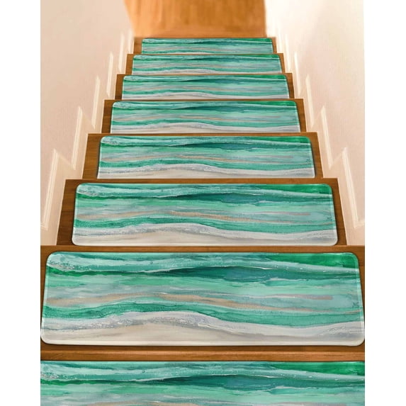 Stair Treads for Wooden Steps, Green Coastal Peel and Stick Stair Treads with Reusable Adhesive, Summer Beach Nautical Abstract Art Non Slip Indoor Stairs Runner Rugs Mats for Elders Dogs 8"x30" 4PCS