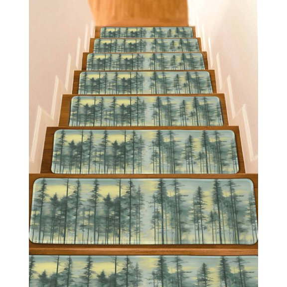 Stair Treads for Wooden Steps, Green Forest Peel and Stick Stair Treads with Reusable Adhesive, Modern Oil Painting Art Botanical Non Slip Indoor Stairs Runner Rugs Mats for Elders Dogs 8"x30" 7PCS