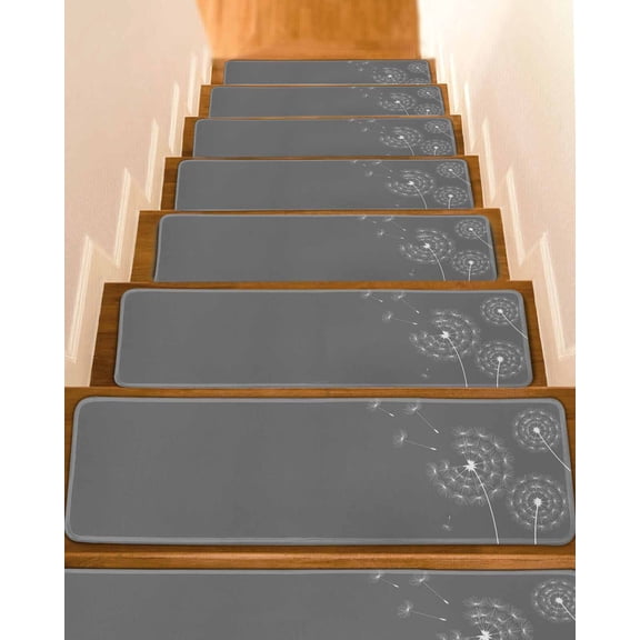 Stair Treads for Wooden Steps, Grey Dandelion Peel and Stick Stair Treads with Reusable Adhesive, Abstract Art Simple Floral Non Slip Indoor Stairs Runner Rugs Mats for Elders Dogs 8"x30" 15PCS