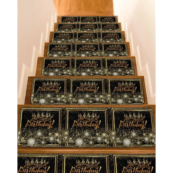 Stair Treads for Wooden Steps,Happy Birthday Peel and Stick Stair Treads with Adhesive,Luxurious Black Golden Cake Fireworks Non Slip Indoor Stairs Runner Rugs Mats for Elders Dogs 8"x30" 10PCS