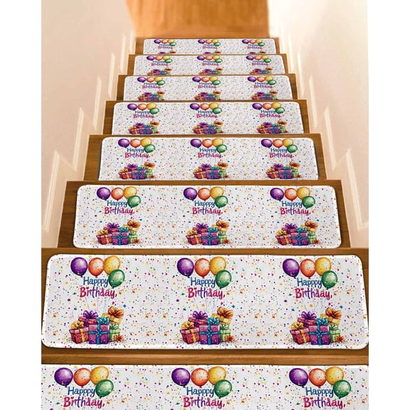 Stair Treads for Wooden Steps, Happy Birthday Peel and Stick Stair Treads with Reusable Adhesive, Colorful Balloon Gifts Patterns Non Slip Indoor Stairs Runner Rugs Mats for Elders Dogs 8"x30" 4PCS
