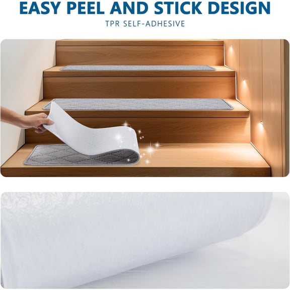 Stair Treads for Wooden Steps Indoor, 15 Pack 8" X 30" Non Slip Carpet Stair Treads with Reusable Adhesive for Kids Elders and Dogs, Surface Polyester TPR Backing Stair Rugs, Grey