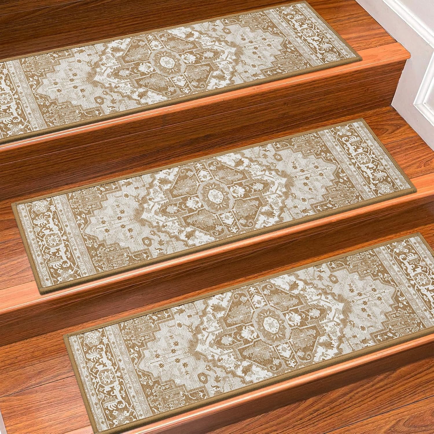Non-Slip Stair Treads, 15 Pack 8" X 30" - Beige/Brown, Reusable Adhesive, Polyester Carpet, Noise Reducing 1 thumbnail image