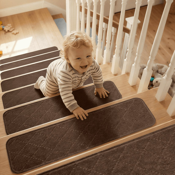 Stair Treads for Wooden Steps Indoor, 4 Pack 8" X 30" Non Slip Carpet Stair Treads with Reusable Adhesive for Kids Elders and Dogs, Surface Polyester TPR Backing Stair Runner Rugs, Brown