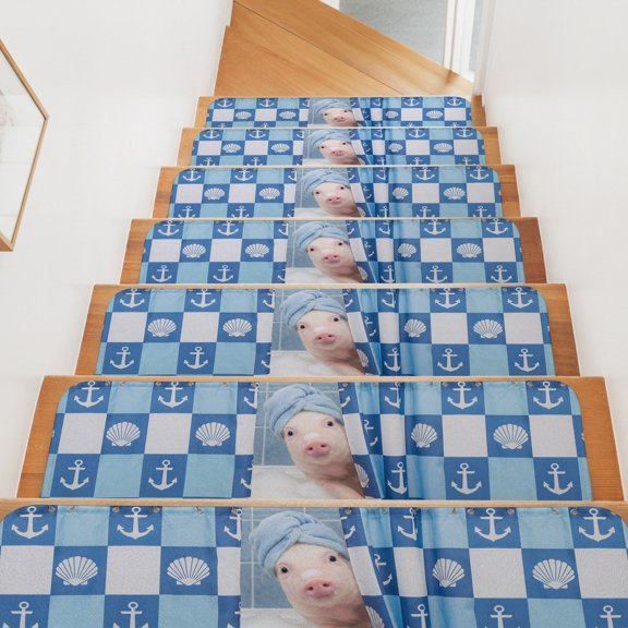 Stair Treads for Wooden Steps Indoor, Bathing Pig Stair Tread 15 Pack Adhesive Non Slip Carpet Stair Tread Mat Runner Rugs Funny Animal Showering Staircase Step Treads for Kids Elders Dogs 8"x30"