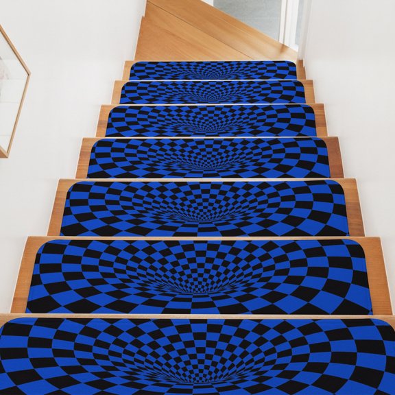 Stair Treads for Wooden Steps Indoor, Blue Black Checker Stair Tread 15 Pack Adhesive Non Slip Carpet Stair Tread Mat 3D Abstract Mosaic Tiles Staircase Step Treads for Kids Elders Dogs 8"x30"
