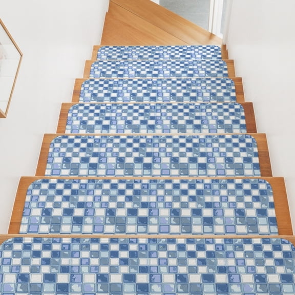 Stair Treads for Wooden Steps Indoor, Blue Mosaic Tiles Stair Tread 4 Pack Adhesive Non Slip Carpet Stair Tread Mat Runner Rugs Checkerboard Squares Staircase Step Treads for Kids Elders Dogs 8"x30"