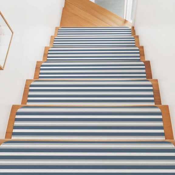 Stair Treads for Wooden Steps Indoor, Blue Stripes Stair Tread 15 Pack Adhesive Non Slip Carpet Stair Tread Mat Runner Rugs Grey Simple Striped Staircase Step Treads for Kids Elders Dogs 8"x30"