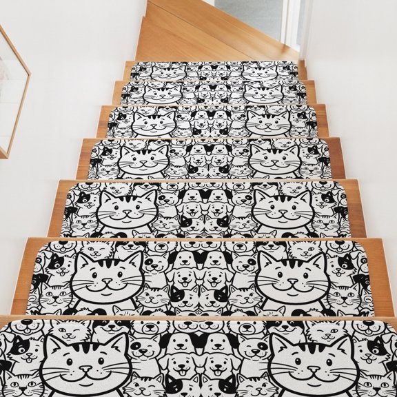 Stair Treads for Wooden Steps Indoor, Cute Cartoon Cat Stair Tread 4 Pack Adhesive Non Slip Carpet Stair Tread Mat Dog Animal Black Lines Staircase Step Treads for Kids Elders Dogs 8"x30"