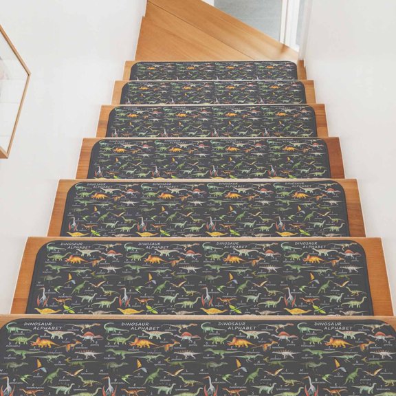 Stair Treads for Wooden Steps Indoor, Dinosaur Family Stair Tread 15 Pack Non Slip Carpet Stair Tread Mat Learning Alphabet A to Z Name Grey Staircase Step Treads for Kids Elders Dogs 8"x30"