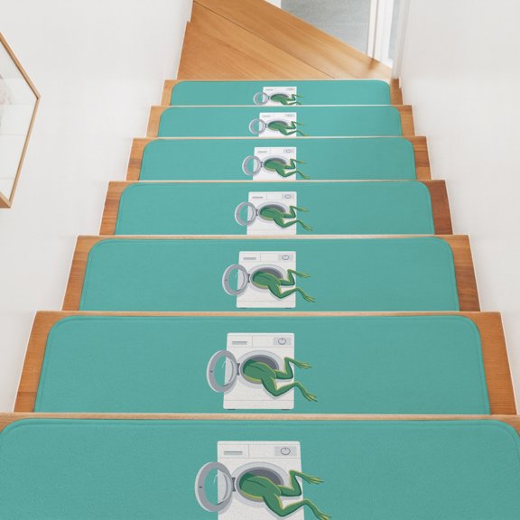 Stair Treads for Wooden Steps Indoor, Green Frog into Washer Stair Tread 15 Pack Adhesive Non Slip Carpet Stair Tread Mat Funny Animal Teal Staircase Step Treads for Kids Elders Dogs 8"x30"
