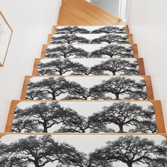 Stair Treads for Wooden Steps Indoor, Oak Tree Forest Stair Tread 10 Pack Adhesive Non Slip Carpet Stair Tread Mat Black Deep Roots Branches Staircase Step Treads for Kids Elders Dogs 8"x30"