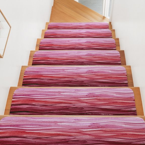 Stair Treads for Wooden Steps Indoor, Pink Horizon Clouds Stair Tread 4 Pack Adhesive Non Slip Carpet Stair Tread Mat Artistic Glow Waves Staircase Step Treads for Kids Elders Dogs 8"x30"