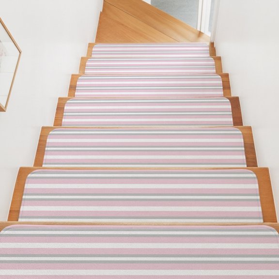 Stair Treads for Wooden Steps Indoor, Pink Stripe Stair Tread 15 Pack Adhesive Non Slip Carpet Stair Tread Mat Runner Rugs Grey Simple Striped Staircase Step Treads for Kids Elders Dogs 8"x30"