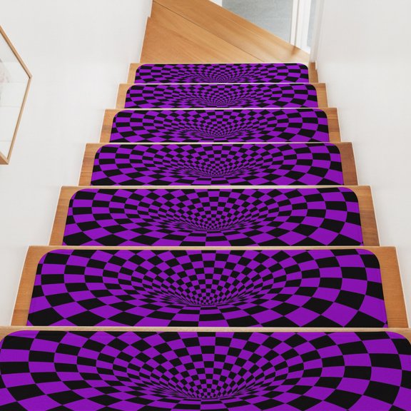 Stair Treads for Wooden Steps Indoor, Purple Black Checker Stair Tread 15 Pack Adhesive Non Slip Carpet Stair Tread Mat 3D Abstract Mosaic Tiles Staircase Step Treads for Kids Elders Dogs 8"x30"