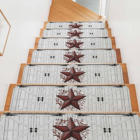 Stair Treads for Wooden Steps Indoor, Red Barn Star Berry Stair Tread 4 Pack Adhesive Non Slip Carpet Stair Tread Mat Rustic Farmhouse Door Wall Staircase Step Treads for Kids Elders Dogs 8"x30"