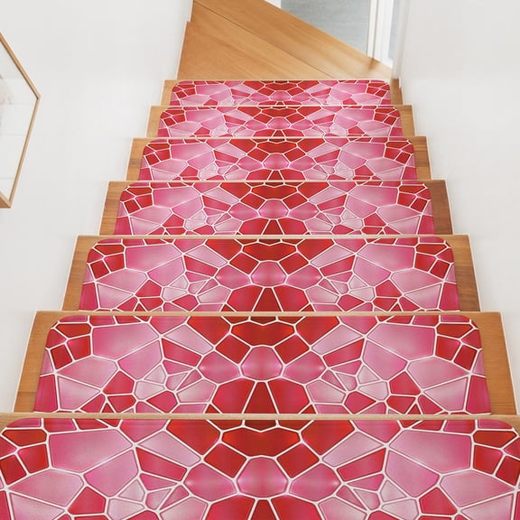 Stair Treads for Wooden Steps Indoor, Red Ceramic Tiles Stair Tread 4 Pack Adhesive Non Slip Carpet Stair Tread Mat Abstract Art Puzzles Structure Staircase Step Treads for Kids Elders Dogs 8"x30"