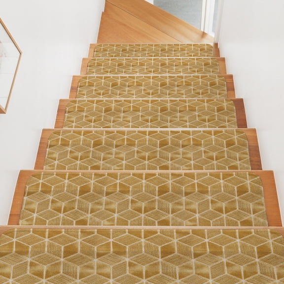 Stair Treads for Wooden Steps Indoor, Tan Honeycomb Tiling Stair Tread 15 Pack Adhesive Non Slip Carpet Stair Tread Mat Wooden Grain Blocks Staircase Step Treads for Kids Elders Dogs 8"x30"