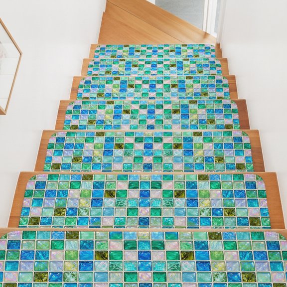 Stair Treads for Wooden Steps Indoor, Teal Blue Square Mosaic Stair Tread 4 Pack Adhesive Non Slip Carpet Stair Tread Mat Summer Glass Squares Staircase Step Treads for Kids Elders Dogs 8"x30"