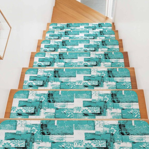 Stair Treads for Wooden Steps Indoor, Turquoise Floral Leaves Stair Tread 15 Pack Non Slip Carpet Stair Tread Mat Boho Graffiti Plaid Collage Staircase Step Treads for Kids Elders Dogs 8"x30"