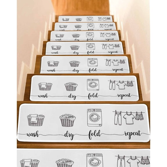 Stair Treads for Wooden Steps,Laundry Room Peel and Stick Stair Treads with Adhesive,Cartoon Wash Dry Fold Repeat Simple Lines Art Non Slip Indoor Stairs Runner Rugs Mats for Elders Dogs 8"x30" 4PCS