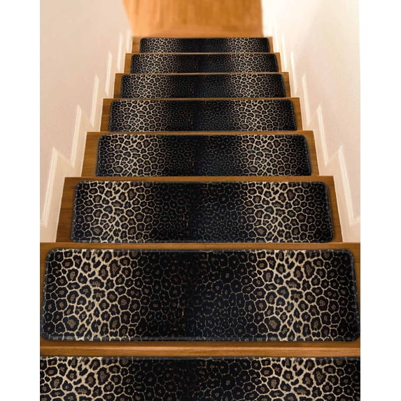 Stair Treads for Wooden Steps, Leopard Print Peel and Stick Stair Treads with Adhesive, Chic Abstract Black Brown Animals Texture Non Slip Indoor Stairs Runner Rugs Mats for Elders Dogs 8"x30"4PCS
