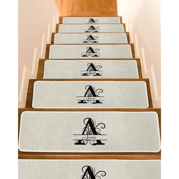 Stair Treads for Wooden Steps, Letter A Peel and Stick Stair Treads with Reusable Adhesive, Monogram Words Non Slip Indoor Stairs Runner Rugs Mats for Elders Dogs 8"x30" 4PCS