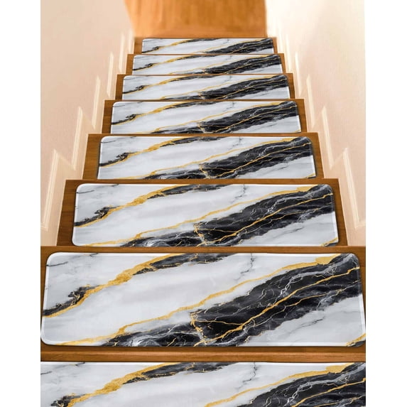 Stair Treads for Wooden Steps,Marble Black Peel and Stick Stair Treads with Adhesive,Gold Foil Ceramic Style Cracks Scratches Non Slip Indoor Stairs Runner Rugs Mats for Elders Dogs 8"x30" 10PCS