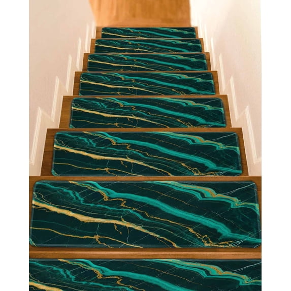 Stair Treads for Wooden Steps, Marble Green Peel and Stick Stair Treads with Adhesive, Retro Abstract Ombre Gold Nature Cracks Non Slip Indoor Stairs Runner Rugs Mats for Elders Dogs 8"x30"10PCS