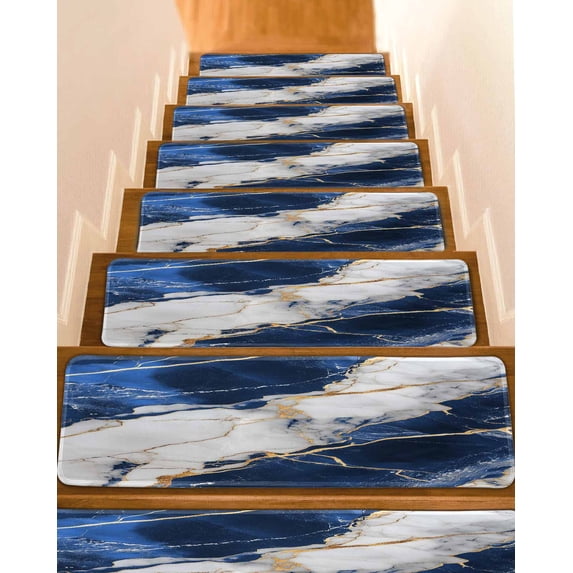 Stair Treads for Wooden Steps, Marble Navy Blue Peel and Stick Stair Treads with Adhesive, Abstract Gold White Brick Stone Motif Non Slip Indoor Stairs Runner Rugs Mats for Elders Dogs 8"x30"10PCS