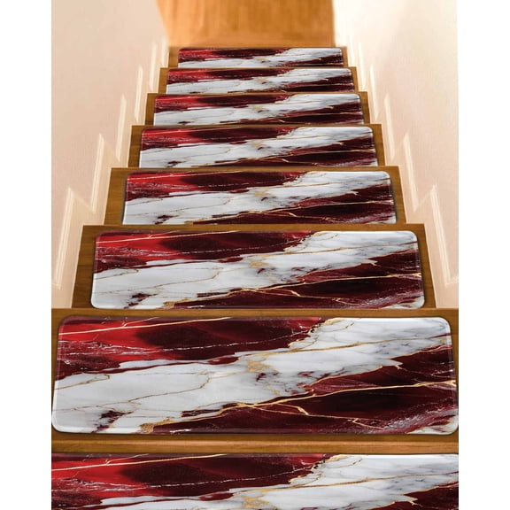 Stair Treads for Wooden Steps,Marble Red Peel and Stick Stair Treads with Adhesive,Modern Abstract Gold White Brick Stone Motif Non Slip Indoor Stairs Runner Rugs Mats for Elders Dogs 8"x30" 10PCS