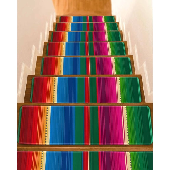 Stair Treads for Wooden Steps, Mexican Stripes Peel and Stick Stair Treads with Adhesive, Blue Boho Red Green Orange Art Simple Non Slip Indoor Stairs Runner Rugs Mats for Elders Dogs 8"x30"4PCS