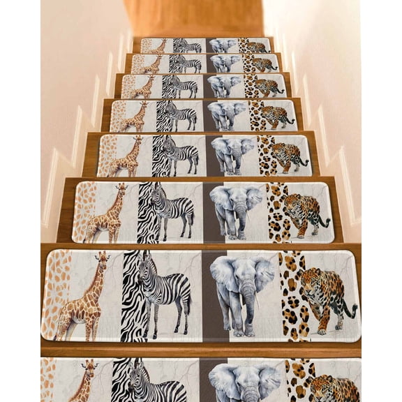 Stair Treads for Wooden Steps,Modern Animals Peel and Stick Stair Treads with Adhesive,Vintage Giraffe Zebra Elephant Leopard Non Slip Indoor Stairs Runner Rugs Mats for Elders Dogs 8"x30" 4PCS
