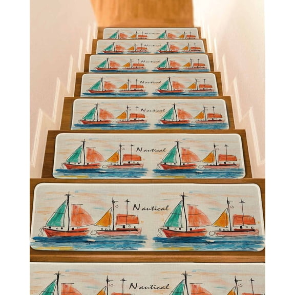Stair Treads for Wooden Steps,Nautical Boat Peel and Stick Stair Treads with Adhesive,Coastal Sailing Ship Ocean Painted Sea Non Slip Indoor Stairs Runner Rugs Mats for Elders Dogs 8"x30" 4PCS