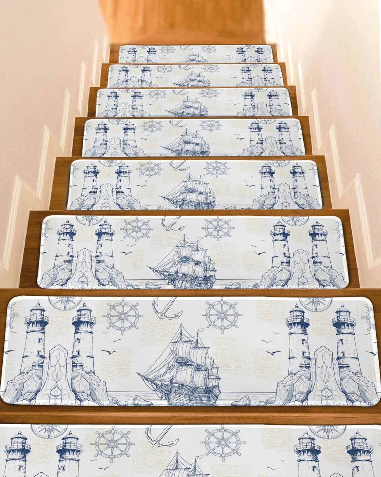 Ship Robe Stairs Stair Treads for Wooden Steps, Nautical Ship Lighthouse Peel and Stick ...