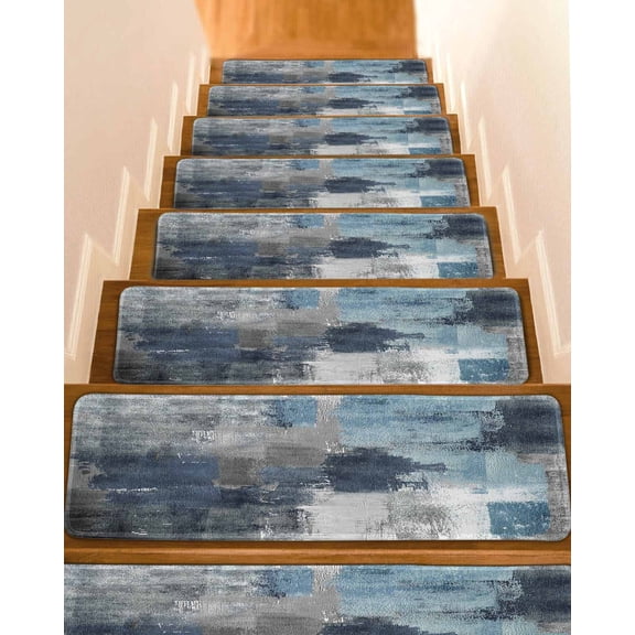 Stair Treads for Wooden Steps, Navy Blue Grey Peel and Stick Stair Treads with Adhesive, Modern Oil Painted Abstract Art Aesthetics Non Slip Indoor Stairs Runner Rugs Mats for Elders Dogs 8"x30"4PCS