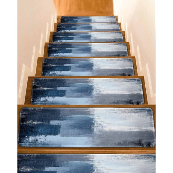 Stair Treads for Wooden Steps,Navy Blue Grey Peel and Stick Stair Treads with Adhesive,Modern Ombre Oil Painted Abstract Art Non Slip Indoor Stairs Runner Rugs Mats for Elders Dogs 8"x30" 4PCS