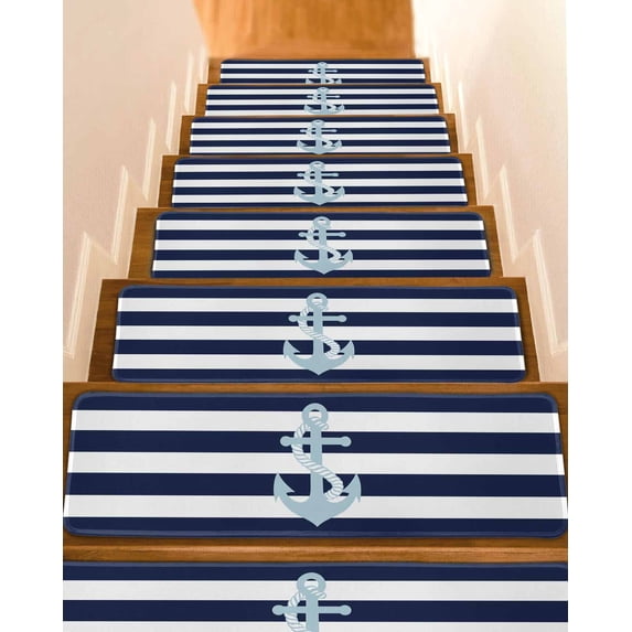 Stair Treads for Wooden Steps, Navy Blue Striped Peel and Stick Stair Treads with Reusable Adhesive, Blue Anchor Nautical Farmhouse Non Slip Indoor Stairs Runner Rugs Mats for Elders Dogs 8"x30" 4PCS