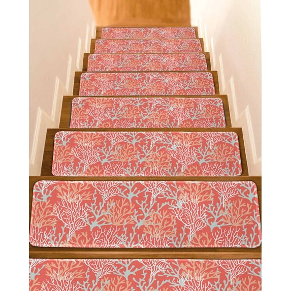 Stair Treads for Wooden Steps, Orange Red Coral Coastal Peel and Stick Stair Treads with Adhesive, Ocean Nautical Seaside Beach Non Slip Indoor Stairs Runner Rugs Mats for Elders Dogs 8"x30"7PCS