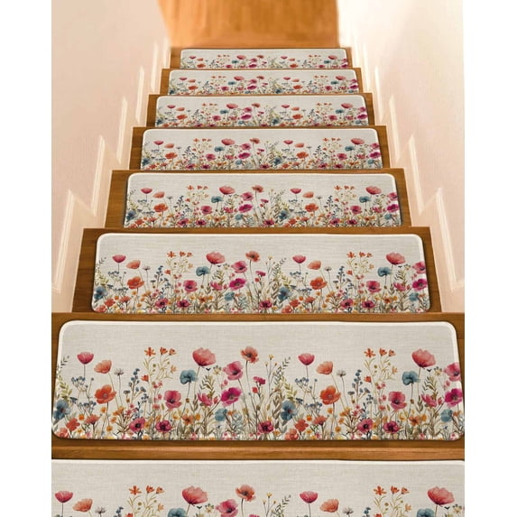 Stair Treads for Wooden Steps,Pink Orange Teal Spring Floral Peel Stick Stair Treads W/ Adhesive,Watercolor Botanical Summer Flowers Non Slip Indoor Stairs Runner Rugs Mats for Elders Dog 8"x30"15PCS