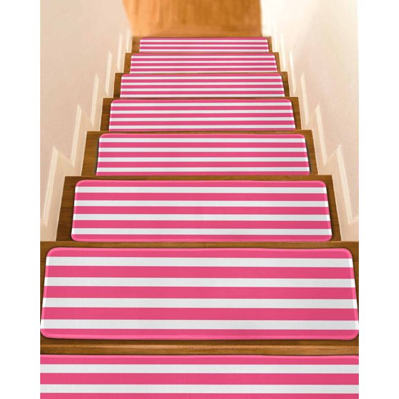 Stair Treads for Wooden Steps,Pink Striped Peel and Stick Stair Treads with Adhesive,Modern Simple Monochrome Geometric White Non Slip Indoor Stairs Runner Rugs Mats for Elders Dogs 8"x30" 4PCS