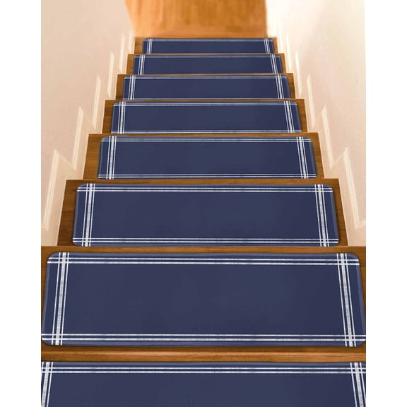 Stair Treads for Wooden Steps, Pure Dark Blue Peel and Stick Stair Treads with Reusable Adhesive, Simple Solid Color Non Slip Indoor Stairs Runner Rugs Mats for Elders Dogs 8"x30" 4PCS