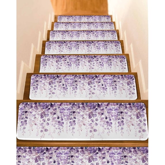 Stair Treads for Wooden Steps, Purple Eucalyptus Peel and Stick Stair Treads with Adhesive, Spring Botanical Plant Aesthetic Non Slip Indoor Stairs Runner Rugs Mats for Elders Dogs 8"x30"7PCS
