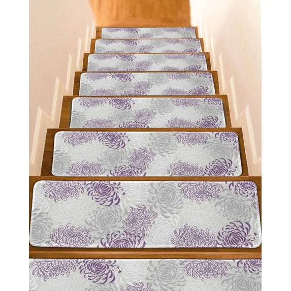Stair Treads for Wooden Steps, Purple White Peel and Stick Stair Treads with Adhesive, Abstract Grey Chrysanthemum Flower Floral Non Slip Indoor Stairs Runner Rugs Mats for Elders Dogs 8"x30"4PCS