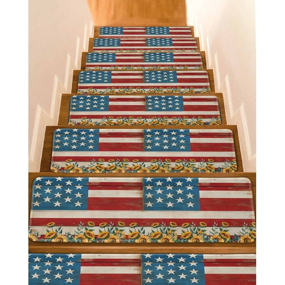 Stair Treads for Wooden Steps, Red Blue American Flag Peel and Stick Stair Treads with Reusable Adhesive, Sunflower US Flag Vintage Non Slip Indoor Stairs Runner Rugs Mats for Elders Dogs 8"x30" 7PCS