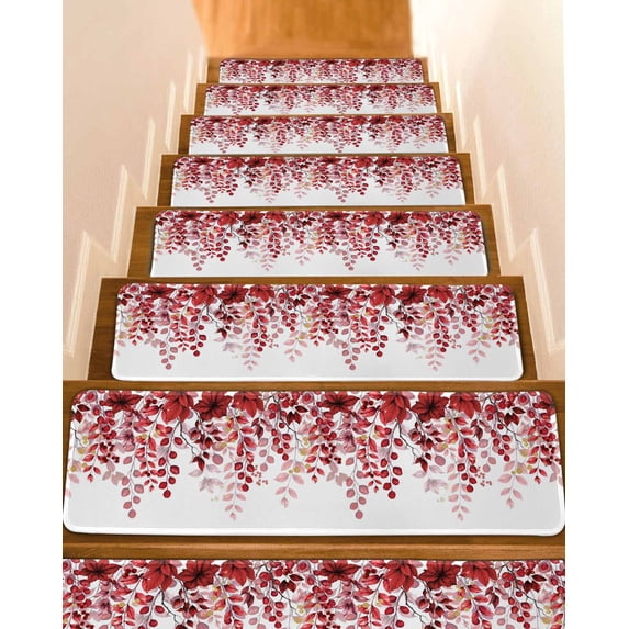 Stair Treads for Wooden Steps, Red Eucalyptus Leaves Peel and Stick Stair Treads with Reusable Adhesive, Summer Botanical Weeping Non Slip Indoor Stairs Runner Rugs Mats for Elders Dogs 8"x30" 10PCS