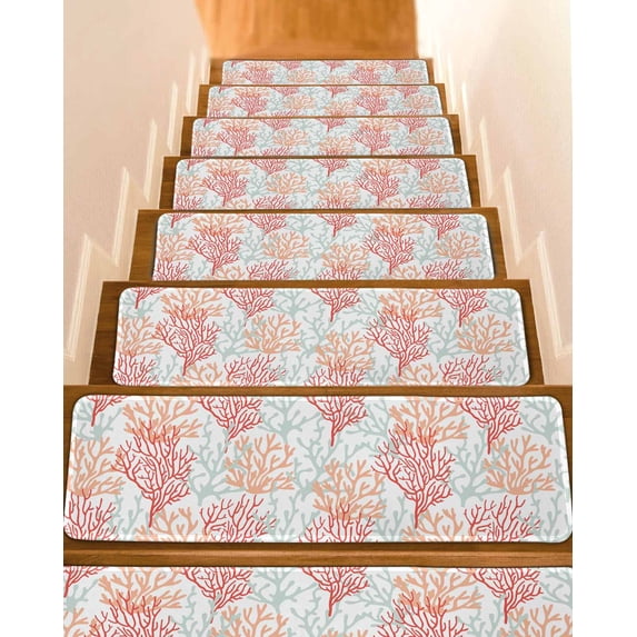 Stair Treads for Wooden Steps, Red Orange Grey Coral Coastal Peel Stick Stair Treads with Adhesive, Summer Beach Seaside Nautical Non Slip Indoor Stairs Runner Rugs Mats for Elders Dogs 8"x30"4PCS