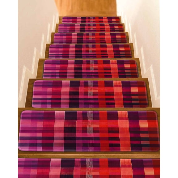 Stair Treads for Wooden Steps,Red Purple Peel and Stick Stair Treads with Adhesive,Modern Striped Plaid Abstract Oil Painted Non Slip Indoor Stairs Runner Rugs Mats for Elders Dogs 8"x30" 4PCS