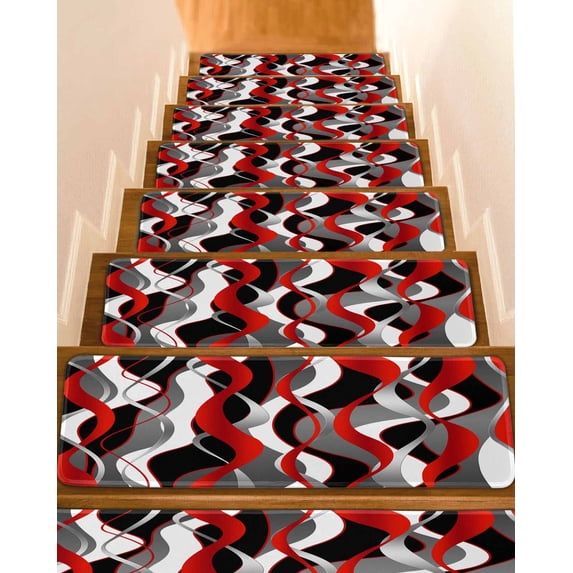 Stair Treads for Wooden Steps, Red Stripe Peel and Stick Stair Treads with Adhesive, Grey White Ombre Geometric Modern Abstract Non Slip Indoor Stairs Runner Rugs Mats for Elders Dogs 8"x30"4PCS